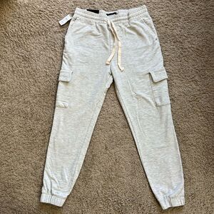 RSQ Cargo Joggers Sweatpants Gray Cargo Fleece Elastic Tie Waist Tapered Leg.